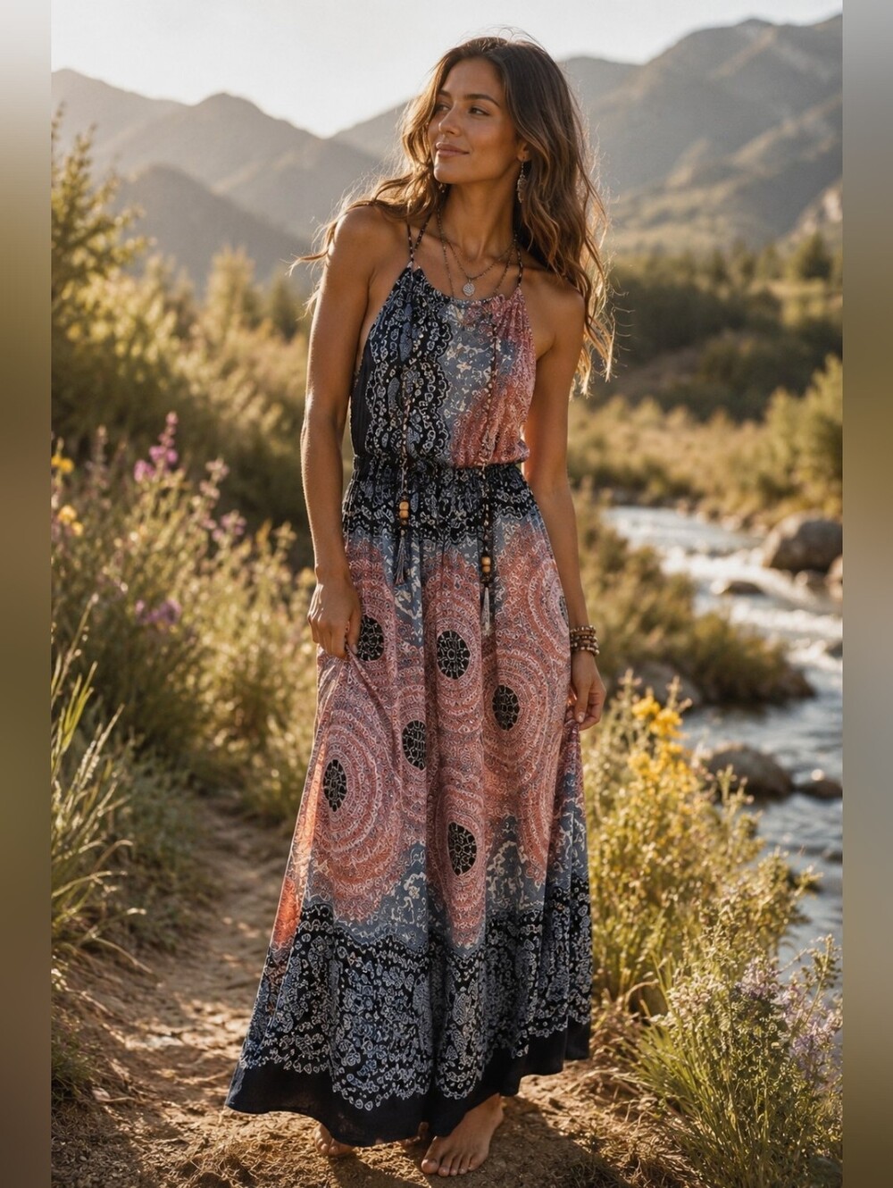 #40 Boho Print Maxi Dress in Pink and Blue